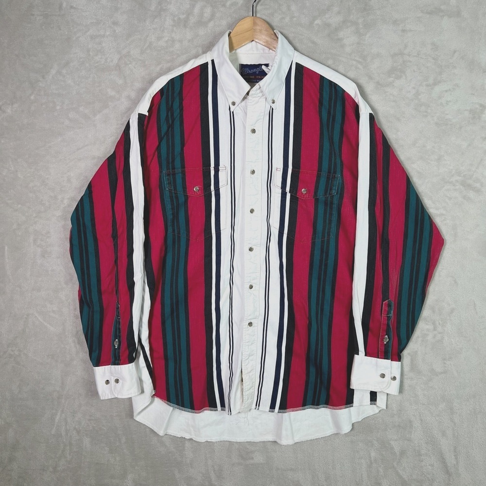 Vintage Wrangler X-Long Tails‎ Size 17 1/2 x 35 XL Brushpopper Button Up Striped